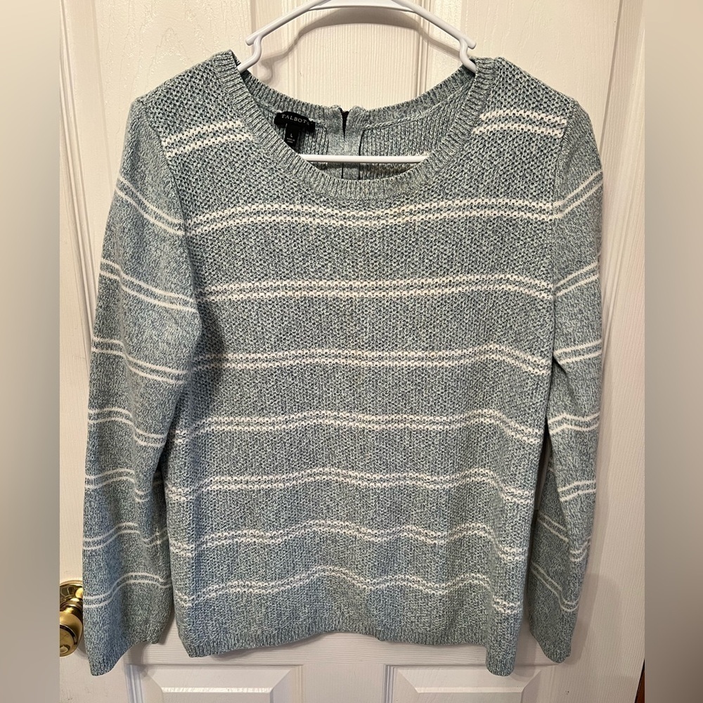 Talbots Long Sleeve Pull Over Sweater Turquoise w/White Stripe Women